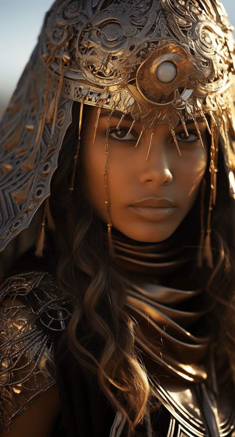 AI generated: burning man desert woman stands in desert standing, in the style of light black and gold, dreamy por...
