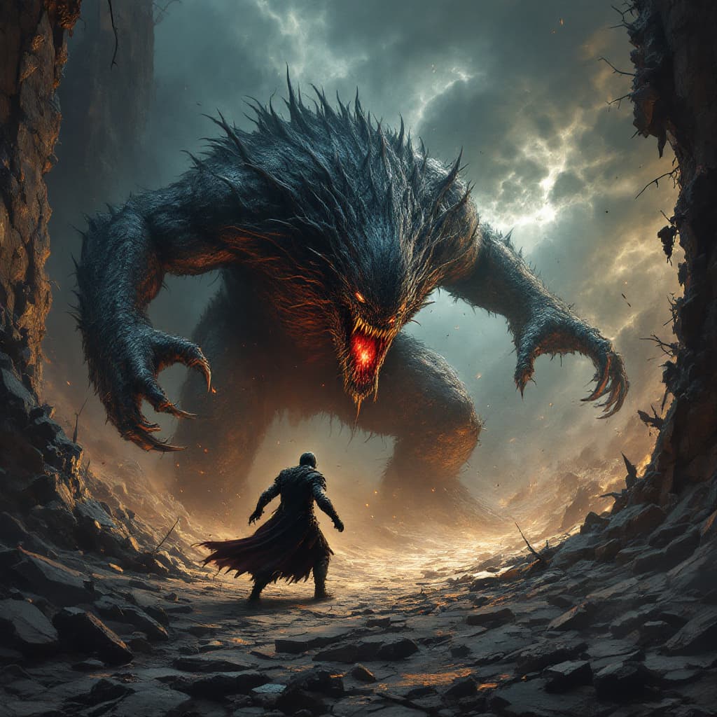AI generated: This image depicts a dramatic battle between a lone warrior and a monster amidst a shattered, desola...