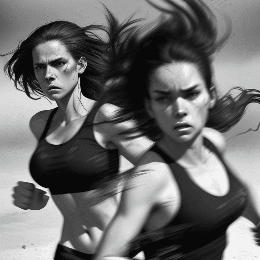 AI generated: black and white photograph of women running, in the style of intense gaze, hauntingly beautiful, ric...