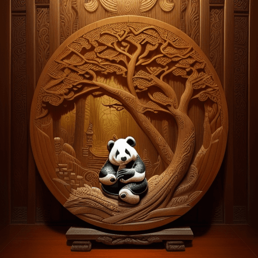 AI generated: Panda in the temple, Wood carving relief sculpture, wildlife carving, Wood grain texture, vivid and ...