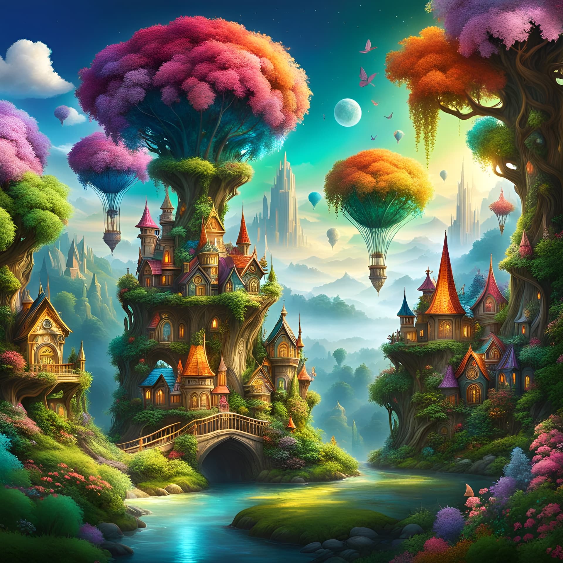 AI generated: A vibrant, colorful floating community city, clouds above a beautiful, enchanted landscape filled wi...