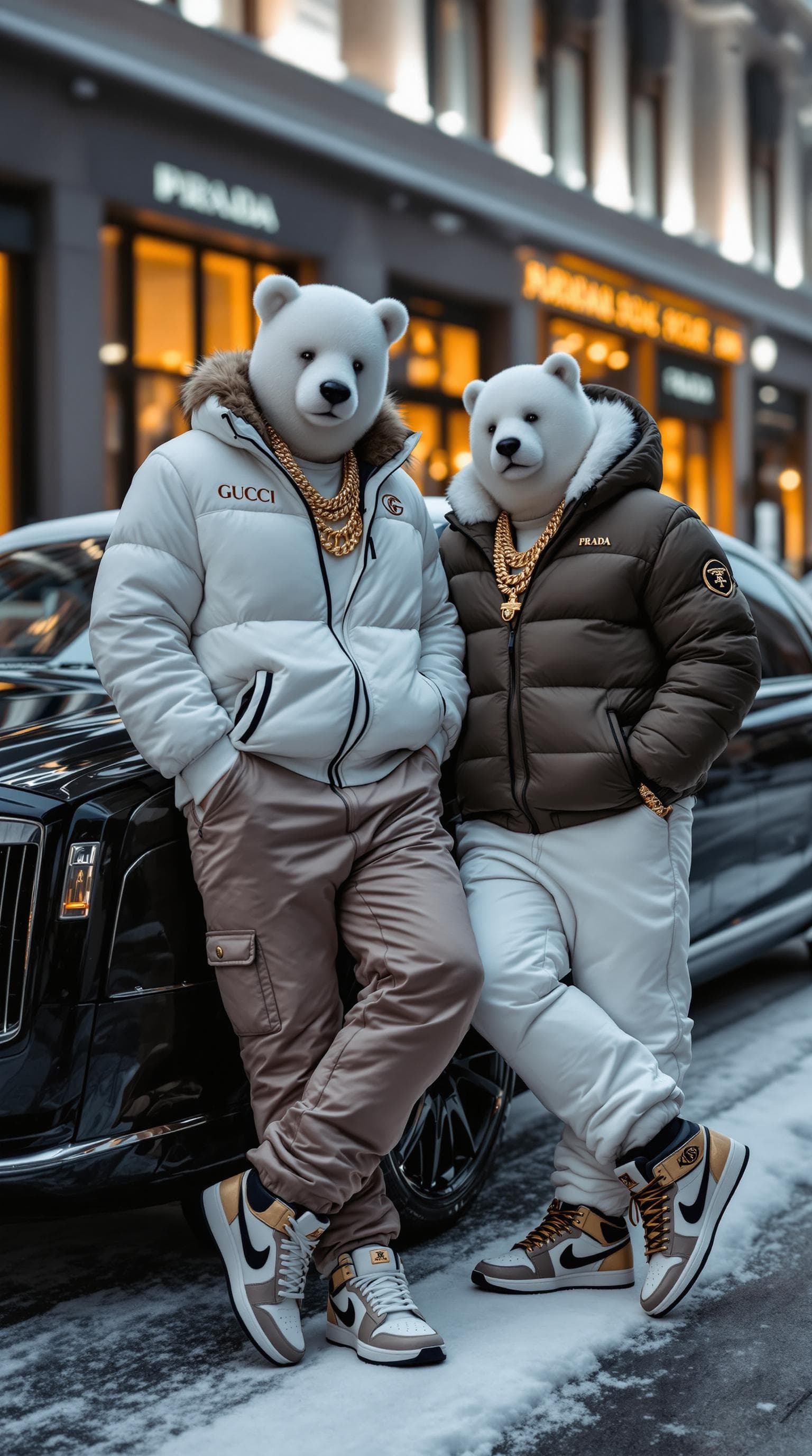 AI generated: Two men dressed in high-end Russian street fashion, embodying the wealth of Moscow’s elite. The whit...
