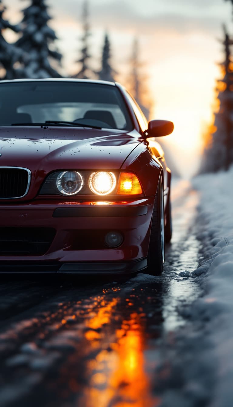 AI generated: Photo of a ultra realistic wine red bmw e39 m5, bmw angel eyes, halogen fog lights, dramatic light, ...