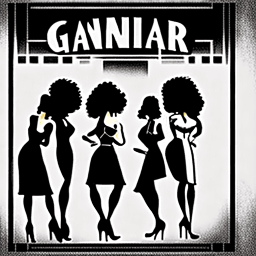 AI generated: Film noir style logo of female gangsters standing in front of a tall building. menacing. film noir. ...