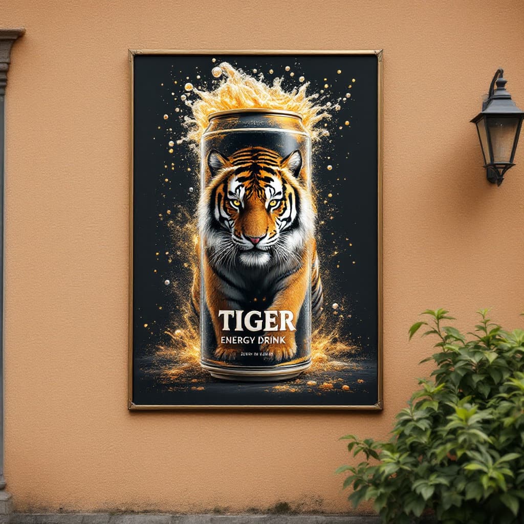 AI generated: A large poster on the wall of a townhouse, featuring a rustic and massive cylindrical energy drink c...