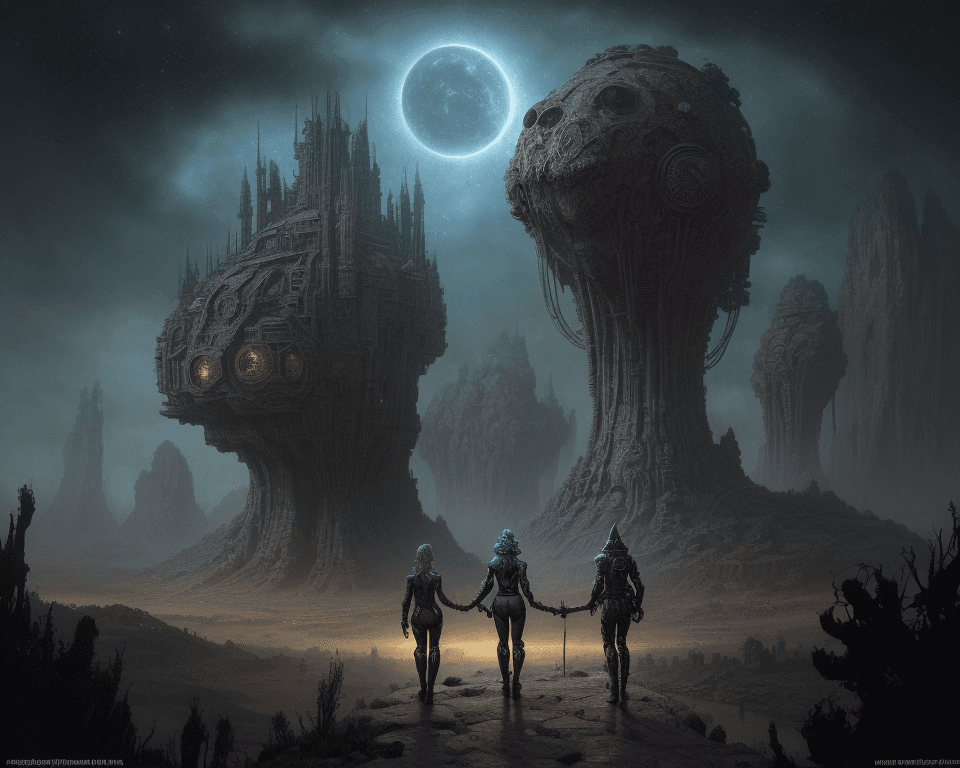 AI generated: Adventurers explore strange world, a masterpiece sci-fi atmospheric highly detailed intricate 4k res...