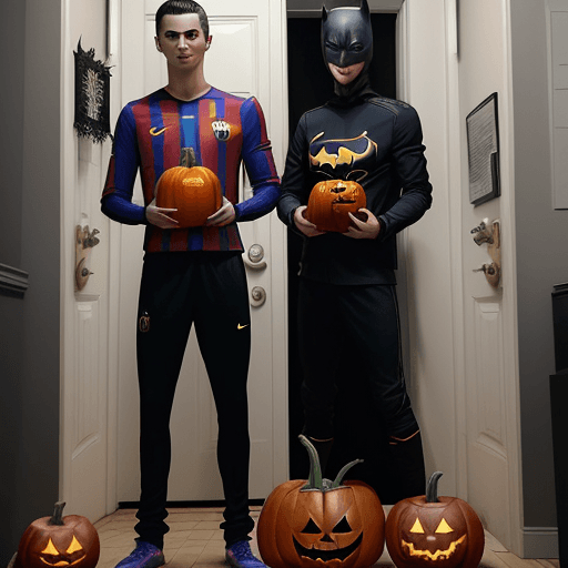 AI generated: Phottwo soccer players standing in front of a door with pumpkins and halloween, halloween, cristiano...