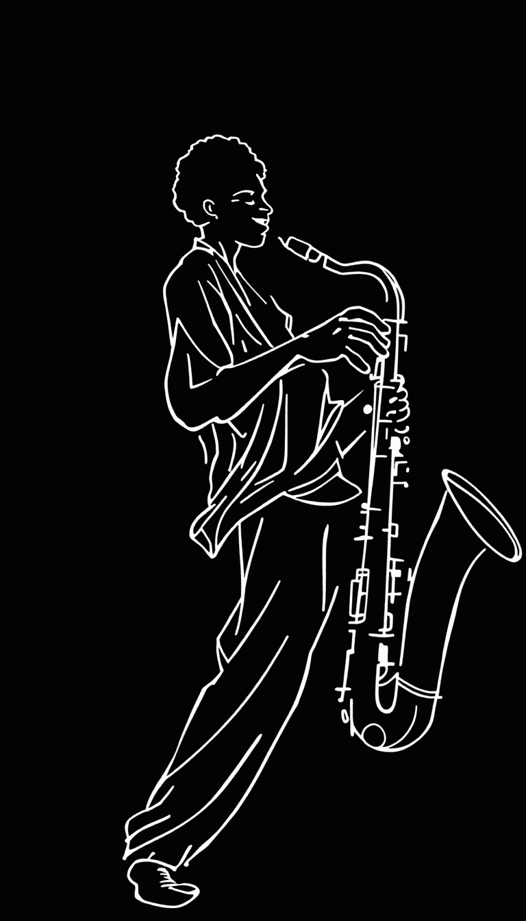 AI generated: Minimalist line art drawing depicting a full body shot of a saxophone player joyfully playing, outli...