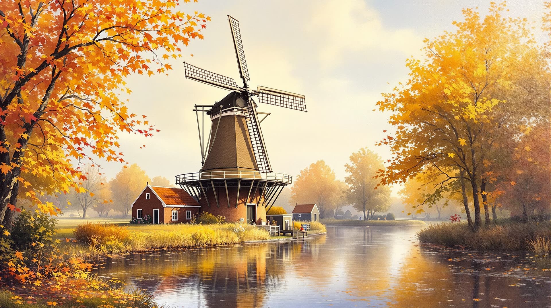 AI generated: "A painting of a traditional Dutch windmill standing proudly beside a calm river during autumn. The ...