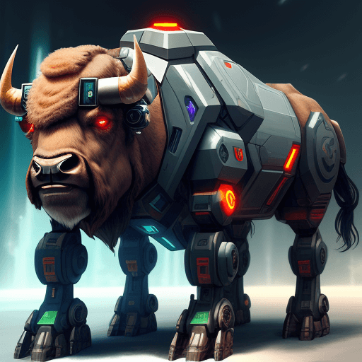 AI generated: cyborg bison in the wild futuristic robot implants