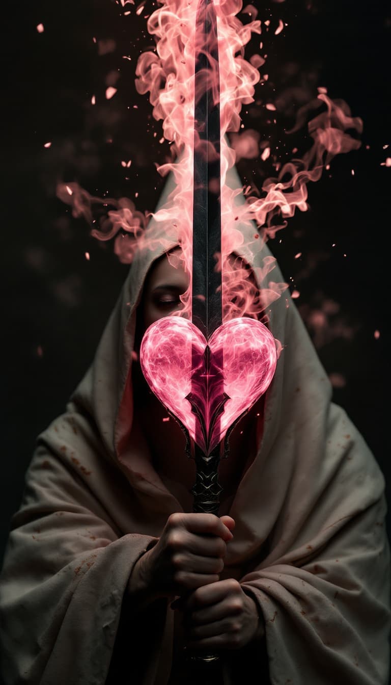 AI generated: AtomicHeartTwinsCosplay in absolute darkness, profoundly no light, holding black-pink heart shaped o...