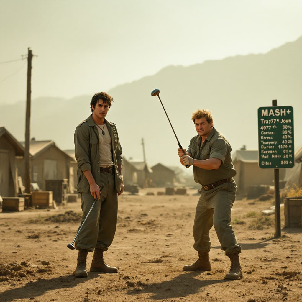 AI generated: "A cinematic recreation of an iconic MASH scene: Hawkeye Pierce and Trapper John playing golf off a ...