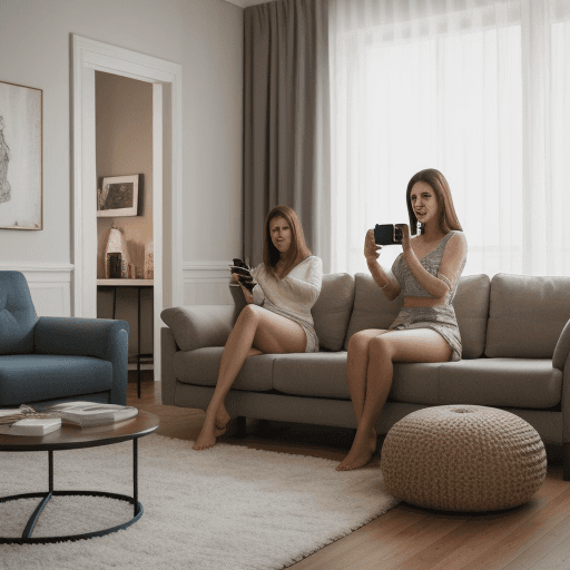 AI generated: Women in livingroom, selfi, realistic 