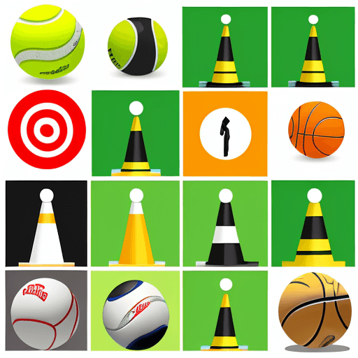 AI generated: tennis ball, safety cone, basketball, target, bowling pins vector collage
