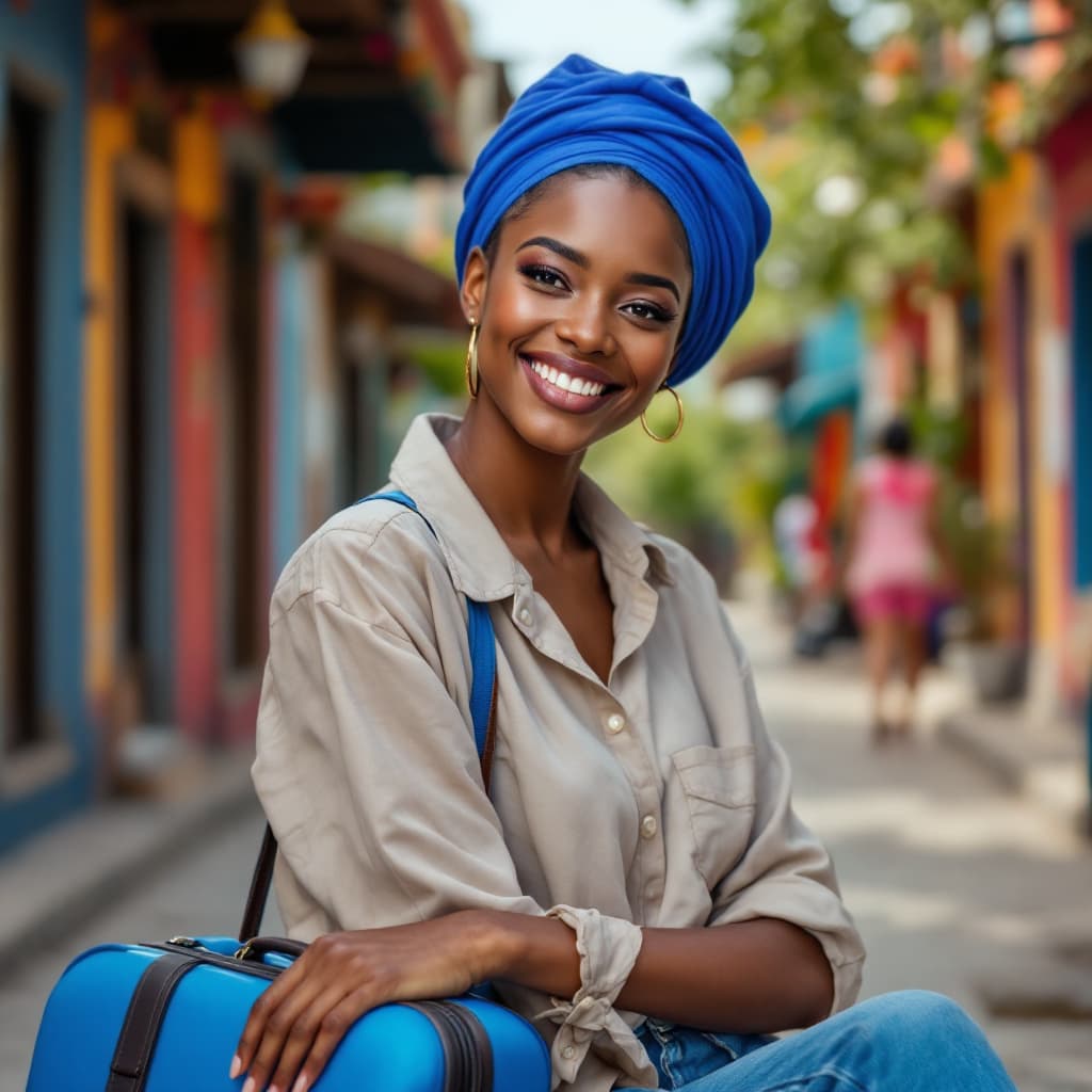 AI generated: une jeune femme africaine  qui est sur le point de voyager en Amérique et qui est toute heureuse en ...