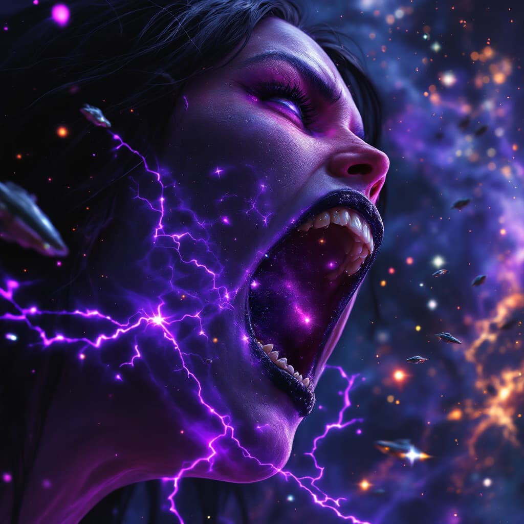 AI generated: enormous giantess Rhea Ripley  from WWE
bigger than a galaxy floating in space, minuscule galaxies i...