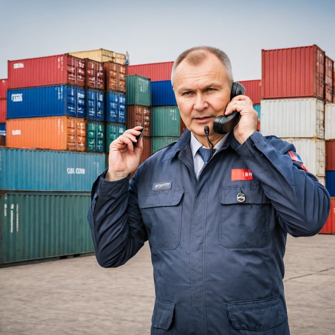 AI generated: RAW Photo, DSLR, photo of a middle-aged russian customs terminal employee, talking on phone, holding...