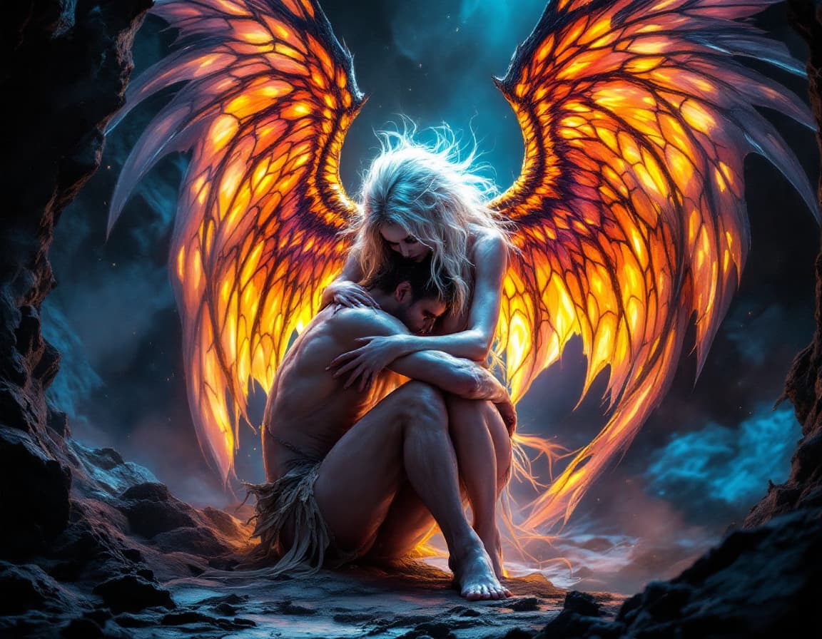 AI generated: black light poster of a intricate portrait of An amazing mythical female angel creature, barefoot, f...