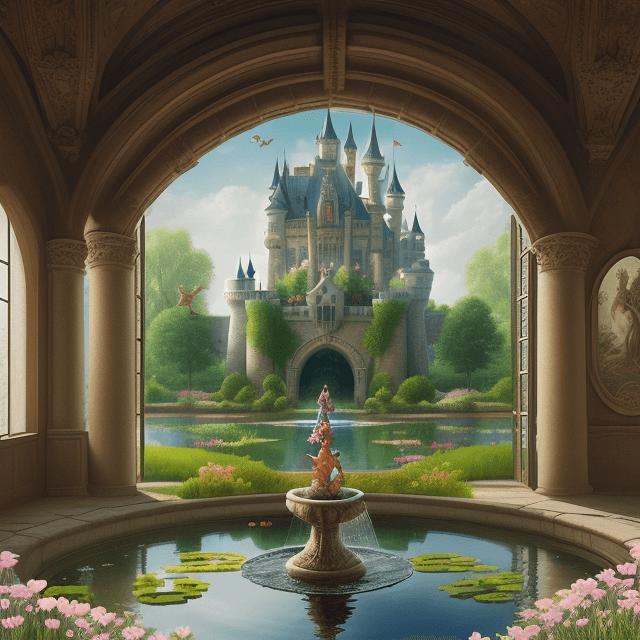 AI generated: A castle with two dragons and a big window with a princess with a flower and a squirrel in her shoul...