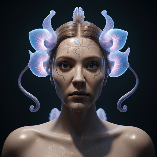 AI generated: Goddess close-up portrait ribcagel. jellyfish phoenix head, nautilus, orchid, skull, betta fish, bio...