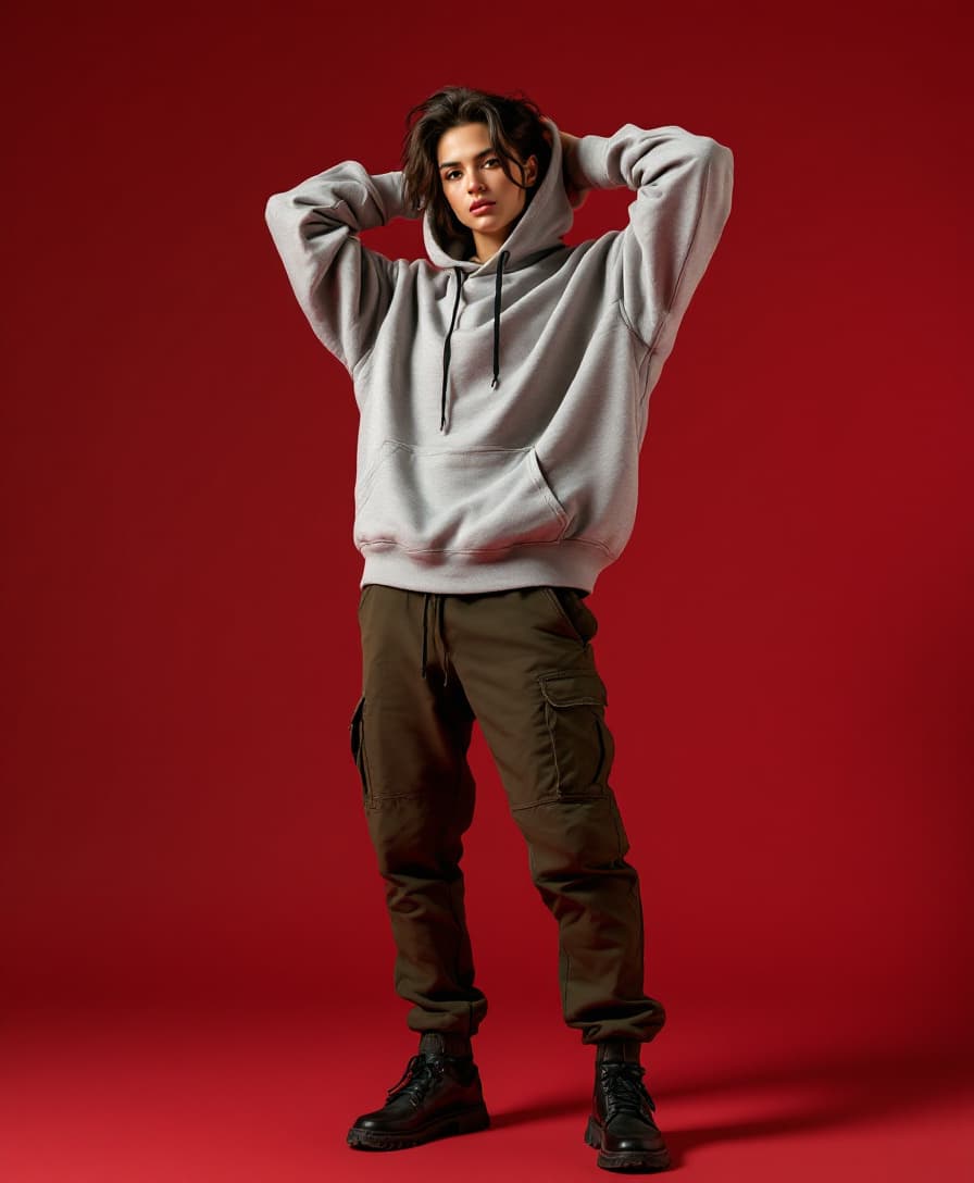 AI generated: fashion photograph of a model posing minimalist set, model is styled in a streetwear yet chic outfit...