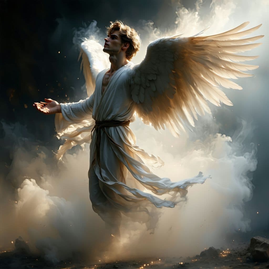 AI generated: An artist's oil painting of a masculine male, a strong angel, light brown hair, flying away through ...