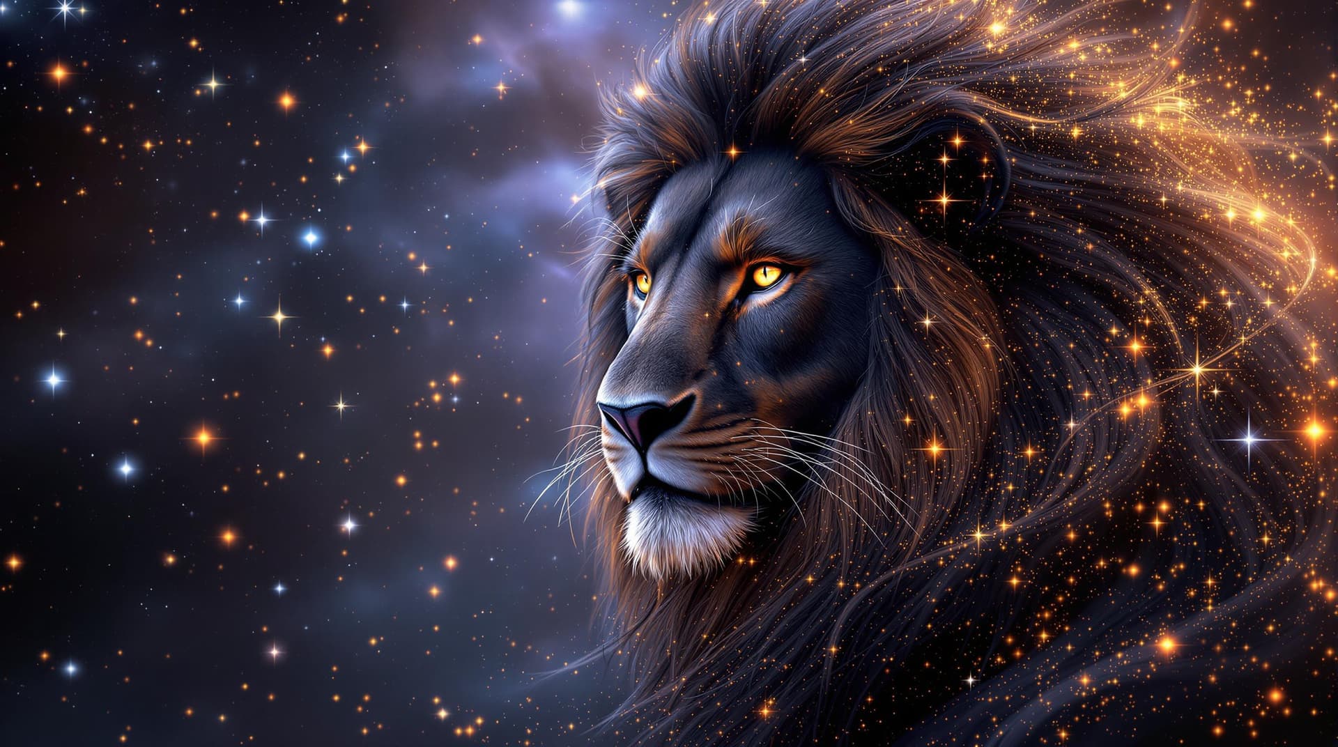 AI generated: Image is a digital artwork featuring a majestic black lion zodiak sign with a flowing mane filled wi...