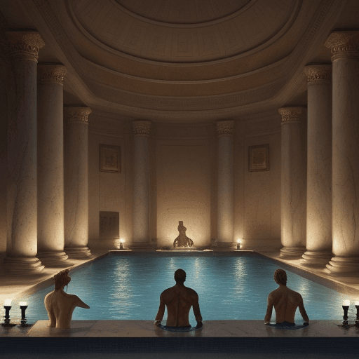 AI generated: interior of roman bathhouse, high fantasy, night, pool, marble, realistic, men and women bathing, hd...