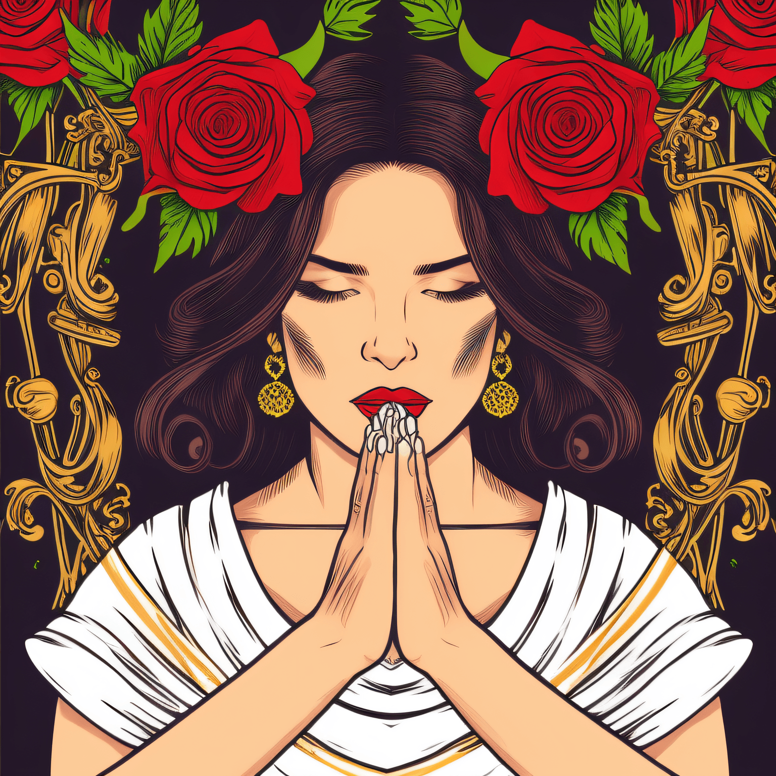 AI generated: illustration by vector_art, praying hands with rosaries and roses, hyperrealistic, beautiful face, c...
