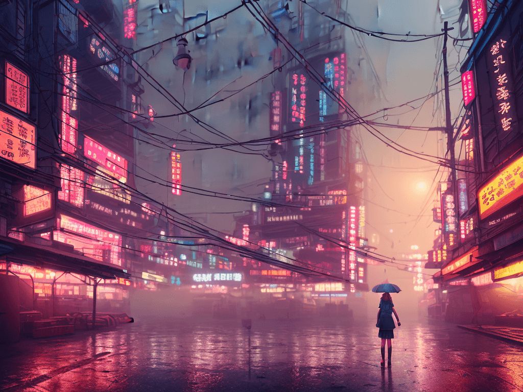 AI generated: girl in front of a market, rainy foggy cyberpunk city neo tokyo, cinematic lighting, reflections, 4k...