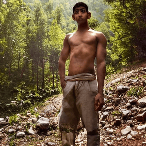 AI generated: Full body shot, muscular, ((perfect eyes)), A young man Indian villager stands amidst the mountains ...
