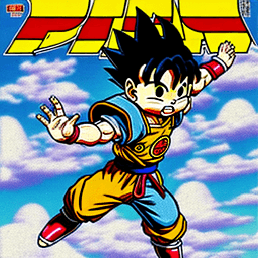AI generated: Toriyama Akira's comic IP Goku, with white angel wings behind him and an angel ring on his head, wav...