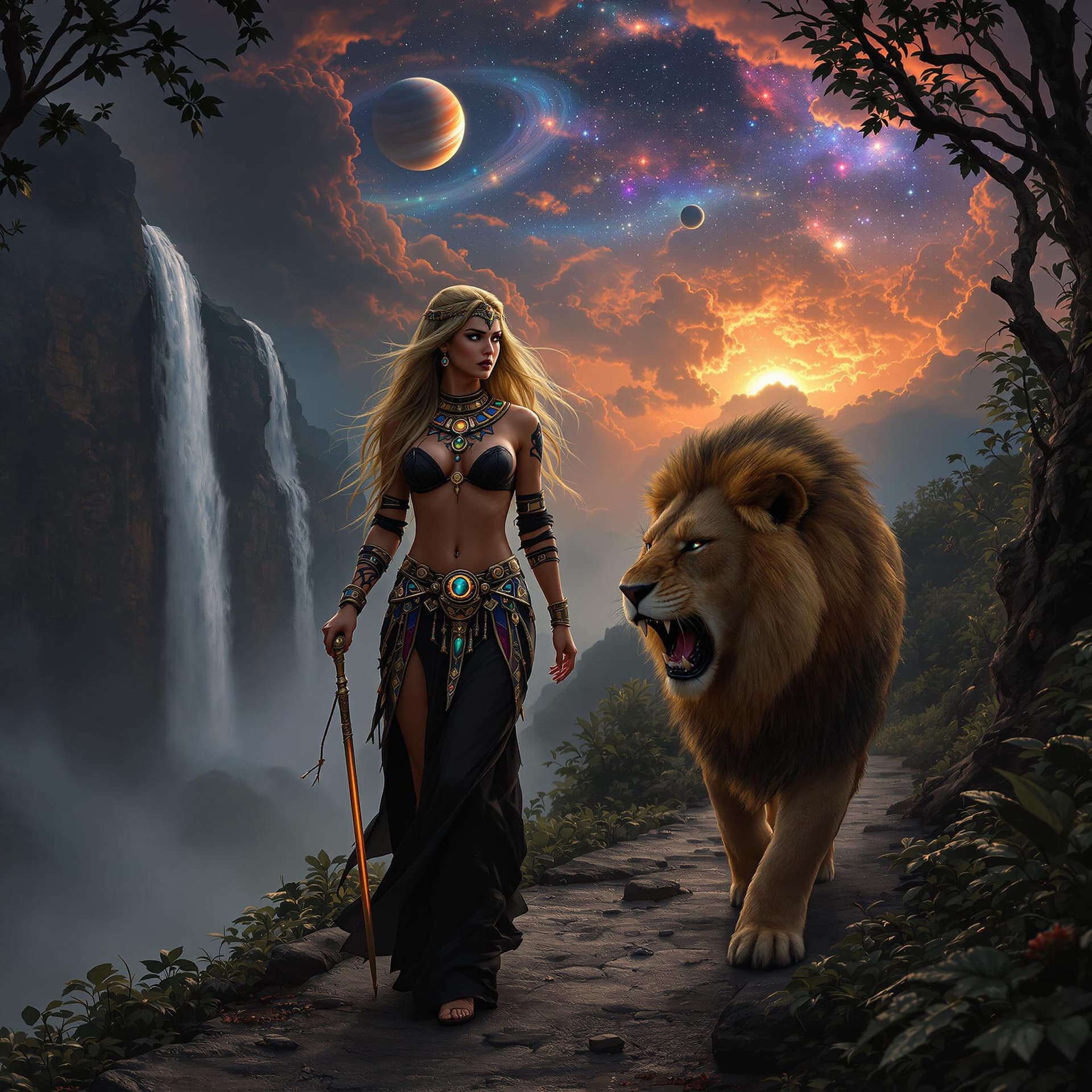 AI generated: Hyper realistic, photo realism, zoomed out full body HD Photo of beautiful, Amazon warrior queen wal...