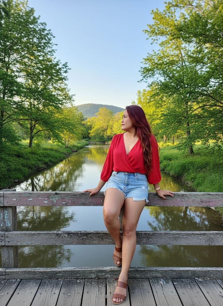 AI generated: A woman sits on the railing of a bridge overlooking a serene creek, its waters reflecting the warm s...