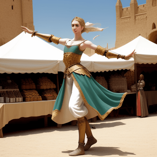 AI generated: A high definition medieval photo of a Desert Realm dancer in a medieval market setting.