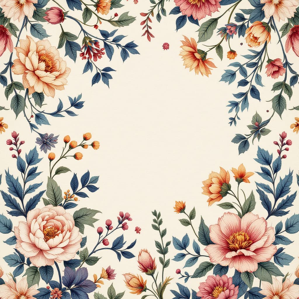 AI generated: A highly detailed, hand-drawn embroidery floral background. The design features intricate floral pat...