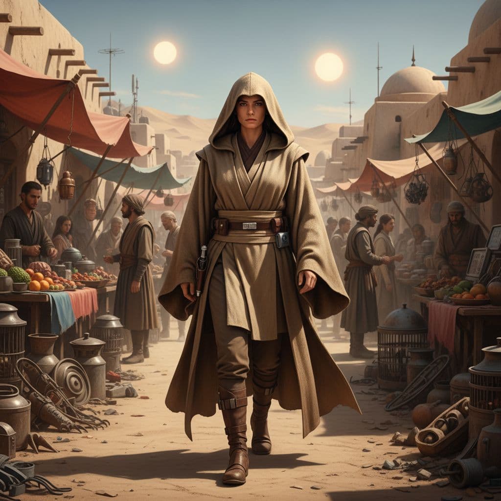AI generated: A serious and brave female jedi walking through a market in Tatooine, wearing a hooded robe, --ar 4:...
