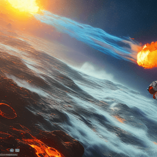 AI generated: space astronaut in spacesuit and flying past lava and fire, in the style of hyperrealistic marine li...