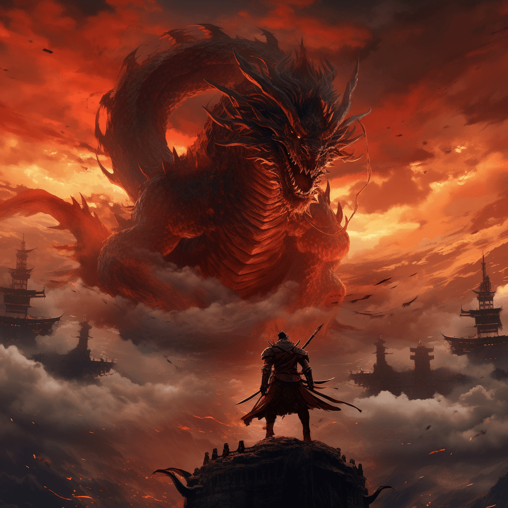 AI generated: The image features a large, fierce dragon with a prominent set of horns, standing on a rocky surface...