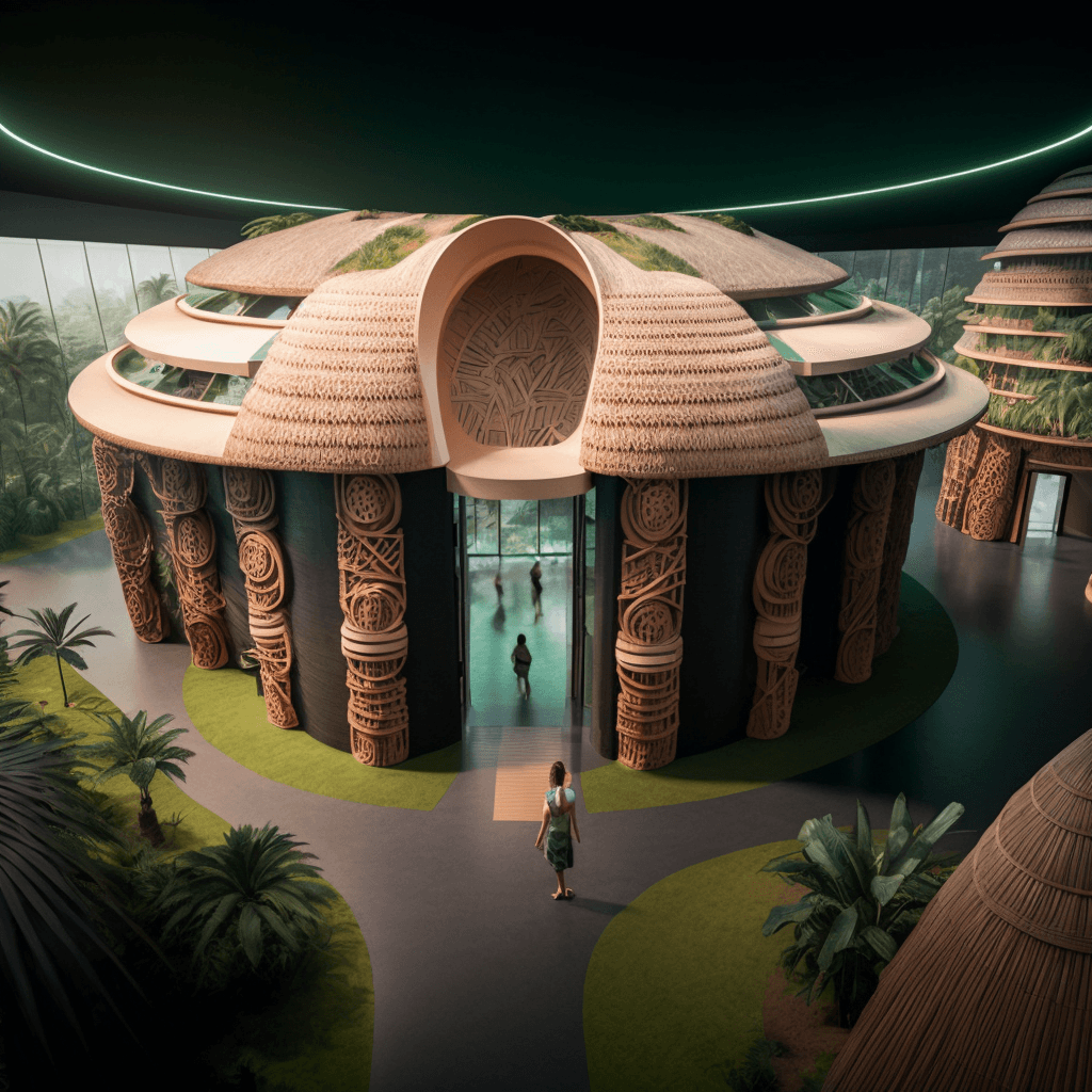 AI generated: a futuristic hotel based on the architecture of a bamiléké tribe in West cameroon