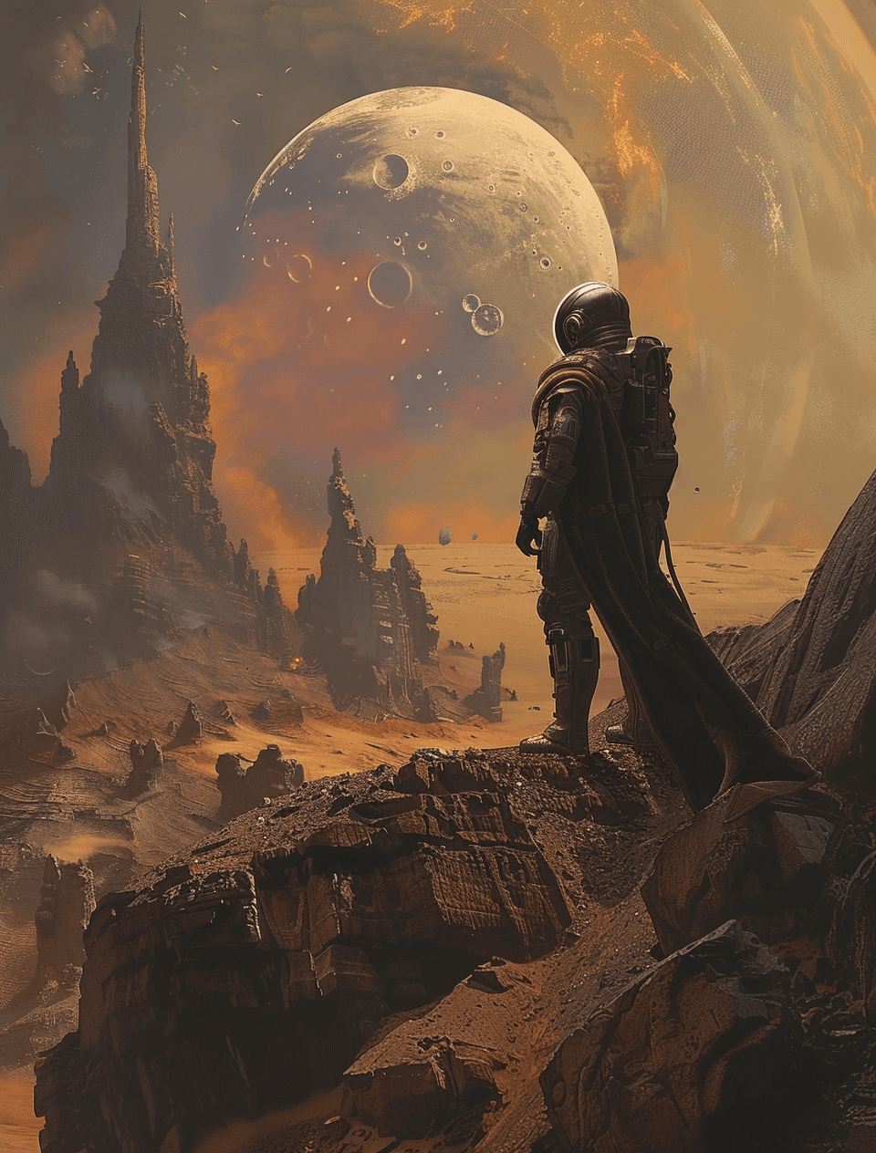 AI generated: A man in futuristic space gear standing on an alien planet, in the style of Enki Bilal and Zdzisław ...