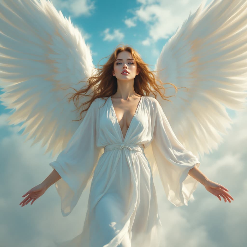 AI generated: An artist's drawing of a female, a strong angel, light brown hair, a clean-shaven face, arms outstre...