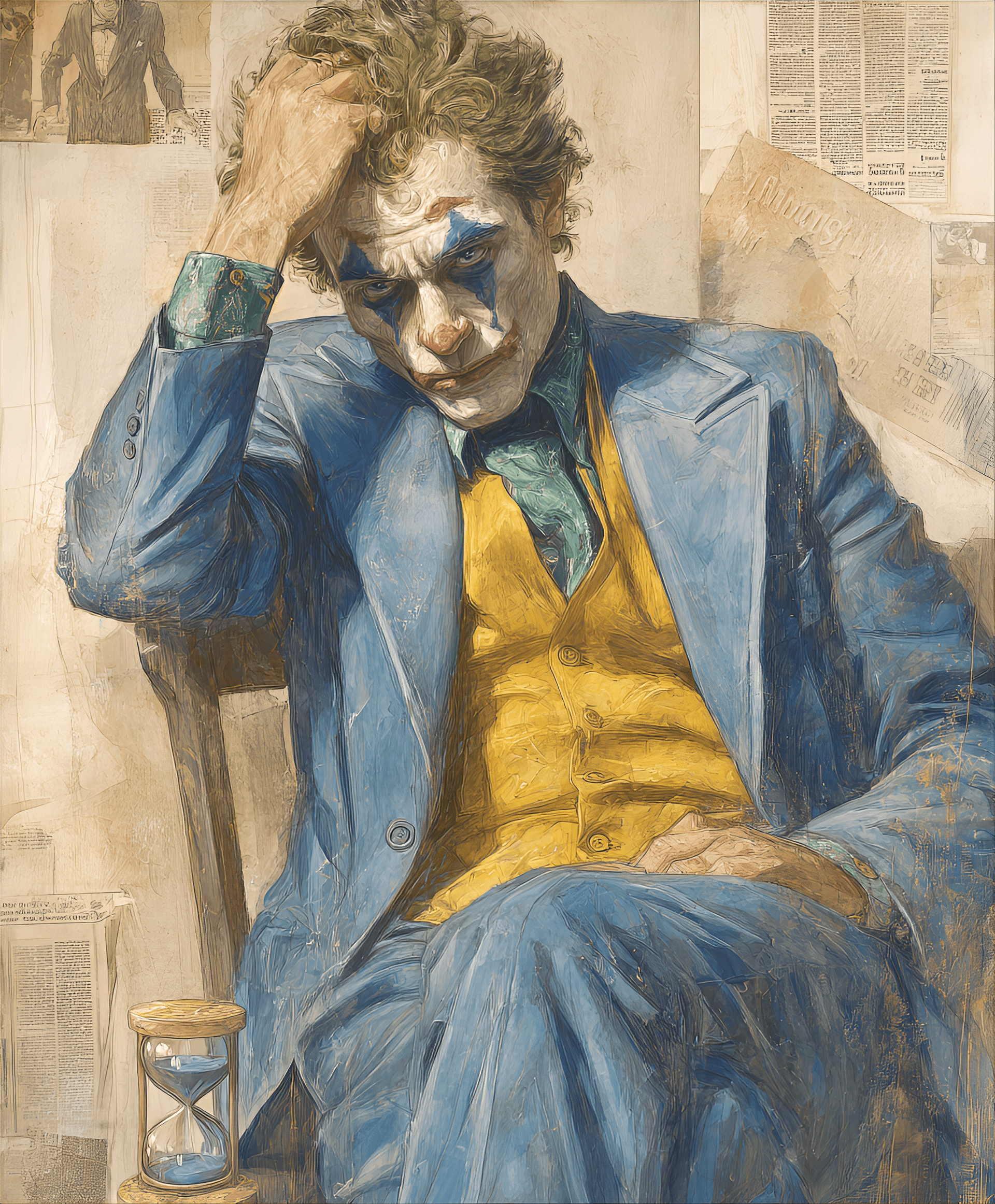 AI generated: The Joker, Caucasian, mid-30s, seated, wearing a faded blue suit jacket over a mustard yellow vest, ...