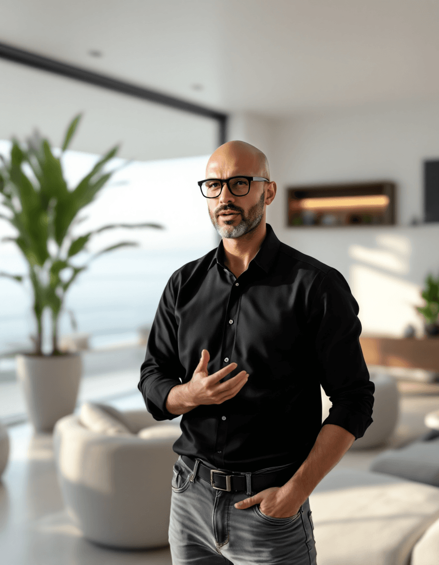 AI generated: Hyper-Realistic photo, handsome Caucasian bald man, clean face, clean shaved face, rounded rectangul...