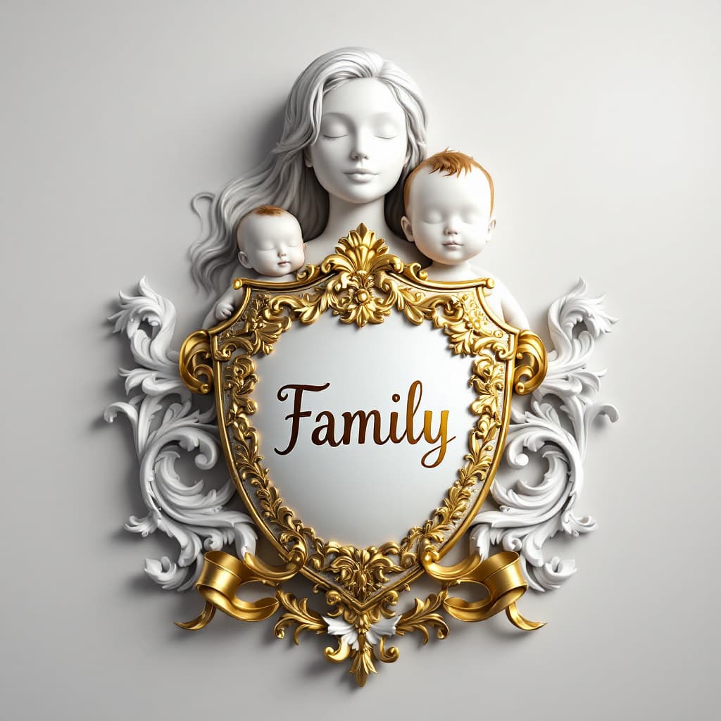 AI generated: magina photorealistic photo. coat of arms shield. on the shild writing in gold Family. on the left s...