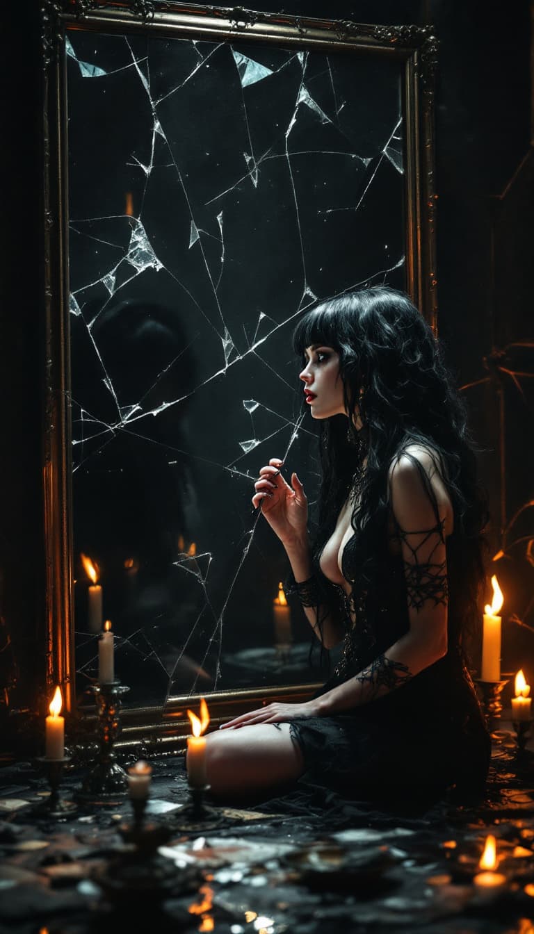 AI generated: A solitary female goth figure with long black wavy hair and bangs in a dark, candlelit room, surroun...