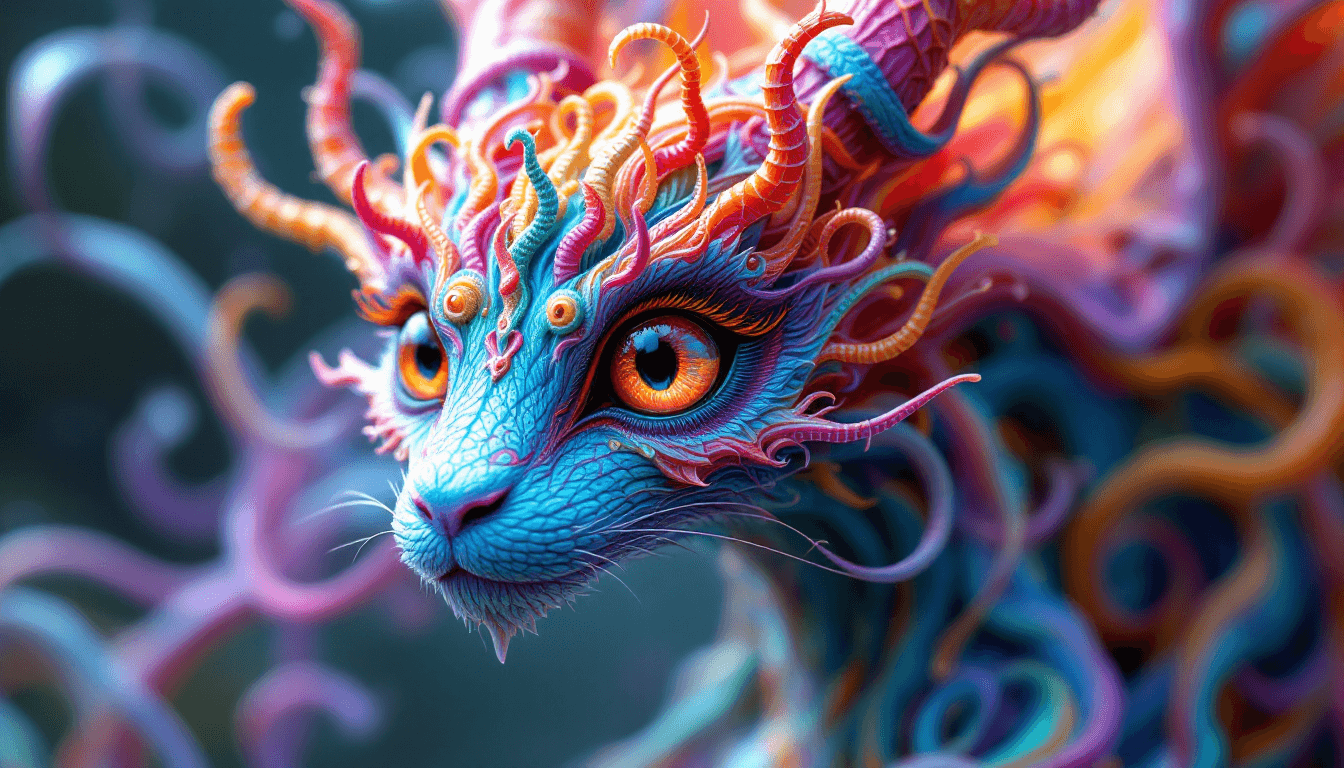 AI generated: close up dof render of a winged mythical creature made of detailed spiraling fractals and tendrils, ...