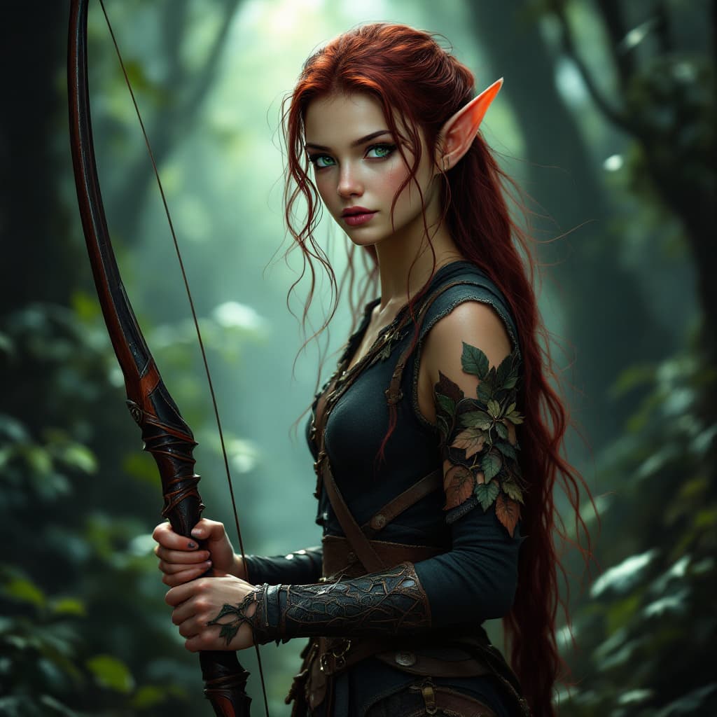 AI generated: A youthful elf woman stands ready, her long limbs and free-flowing burgundy hair create a striking c...