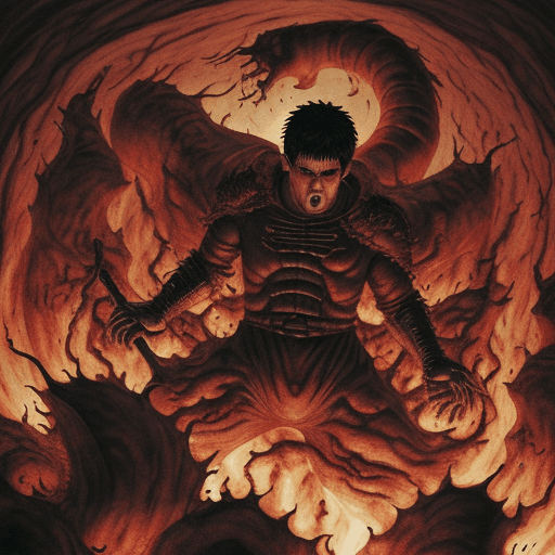 AI generated: Guts from berserk floating in hell