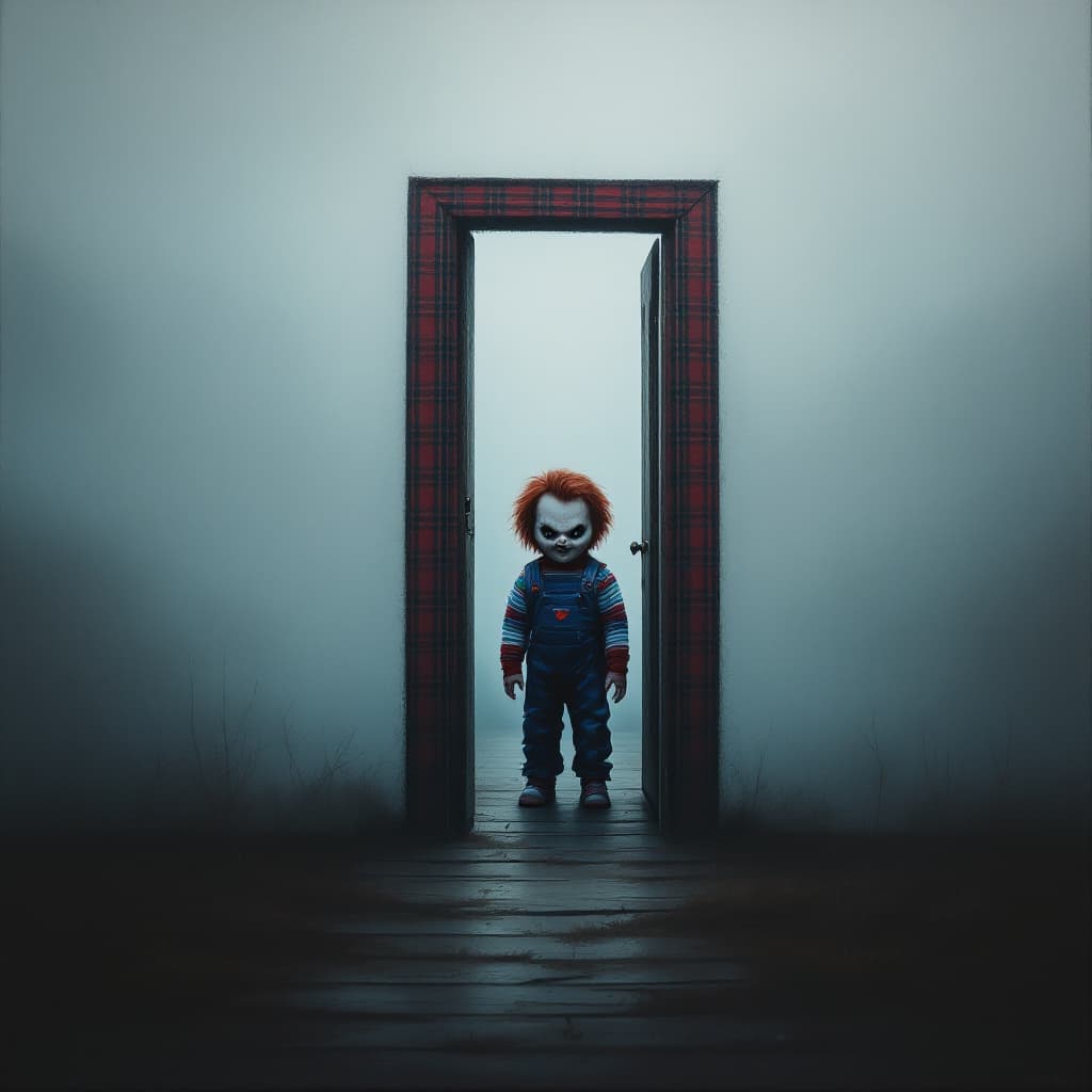 AI generated: Envision a surreal oil painting of a foggy scene featuring only a plaid wooden door frame with the d...